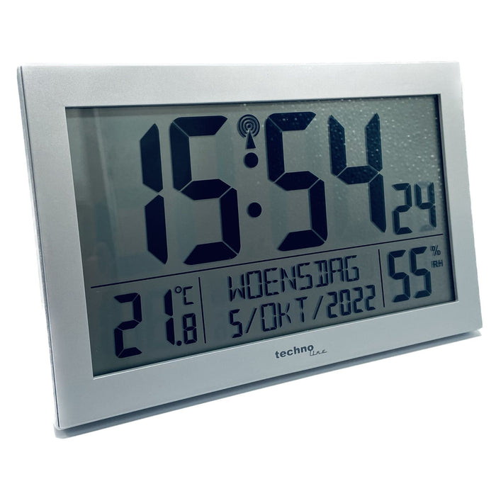 Wall clock - Digital - Radio controlled - Day / Date display - Alarm clock - Thermometer - Hygrometer - Large numbers - Older - Dementia clock