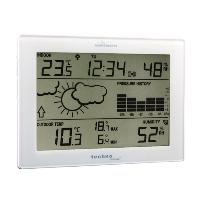 Weather Station - Inc. transmitter - Weather forecast and conditions - Radio controlled clock - Date - Alarm clock function -Technoline Mobile Alerts 10410