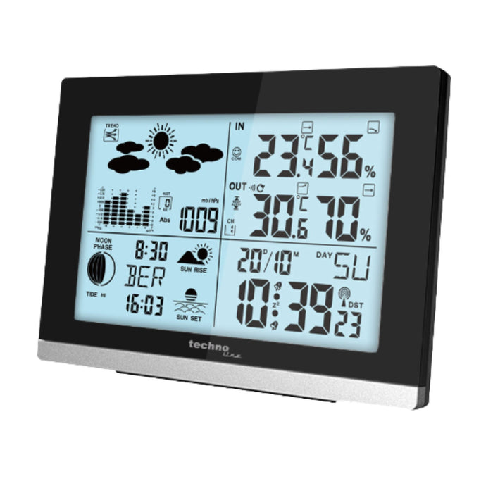 Weather station - Forecast / weather history - Radio controlled - Day / Date - Alarm clock - Thermometer / Hygrometer - Moon phase - Background lighting - Techno Line WS 6762