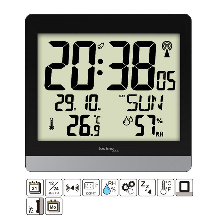 Digitale radiogestuurde wandklok / tafelklok - Thermometer / Hygrometer -  Datum - snooze functie Technoline WS 8014