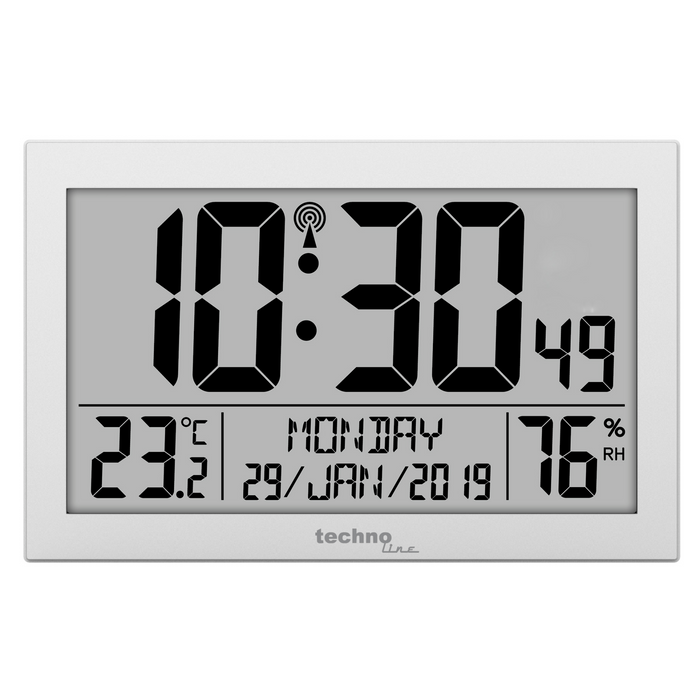 Wall clock - Digital - Radio controlled - Day / Date display - Alarm clock - Thermometer - Hygrometer - Large numbers - Older - Dementia clock